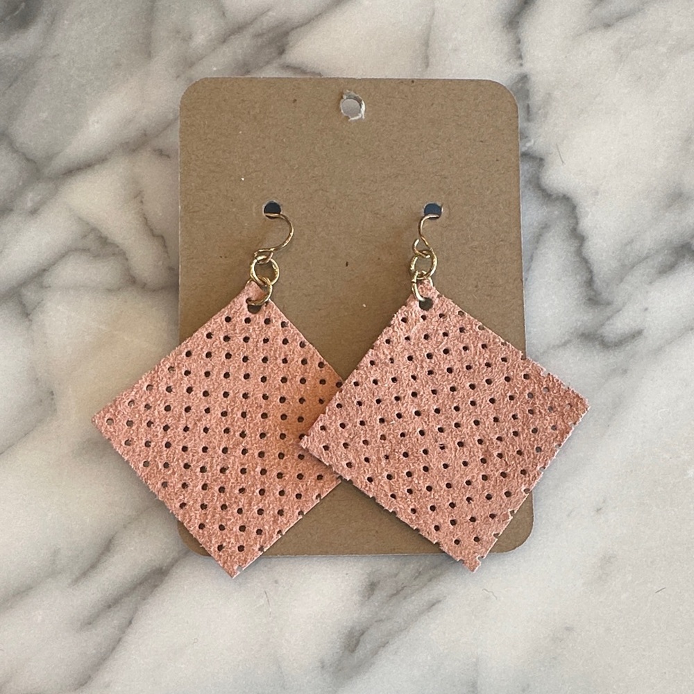 Leather Pink Perforated Square Earrings